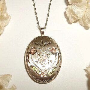 Vintage Oval Locket Heart Pink Green Flower Etched Charm Necklace Jewelry C653